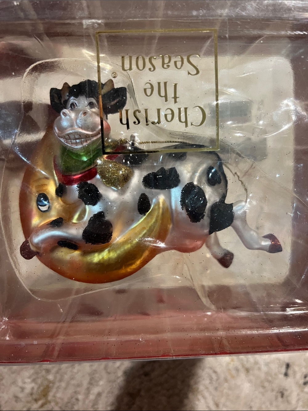 Vtg The Cherish Season Cow Ornament - White & Black Christmas z29